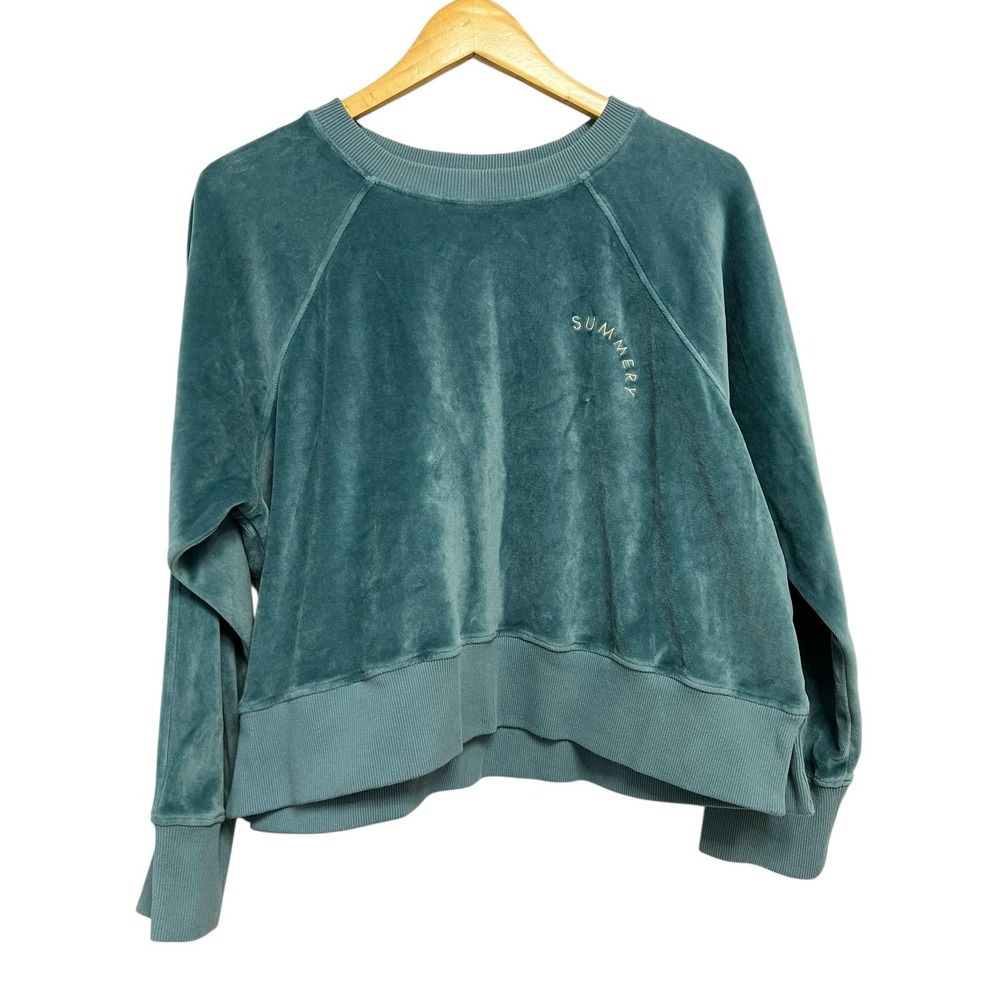 Summery Copenhagen Sweatshirt Womens Small Teal Velour Embroidered Oversized